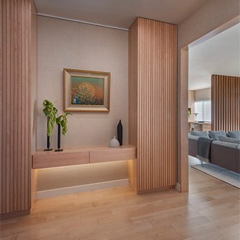 Interior design hallway, sleek wooden storage.